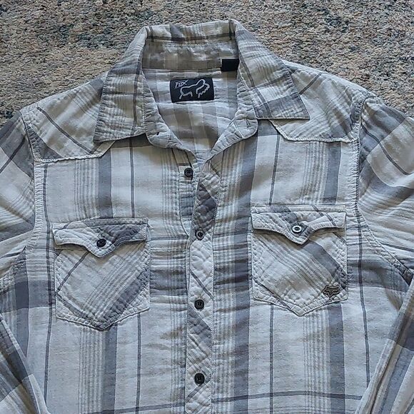 Fox Racing White & Gray Plaid Western Style Flannel Shirt Men's Size Large - Picture 2 of 9